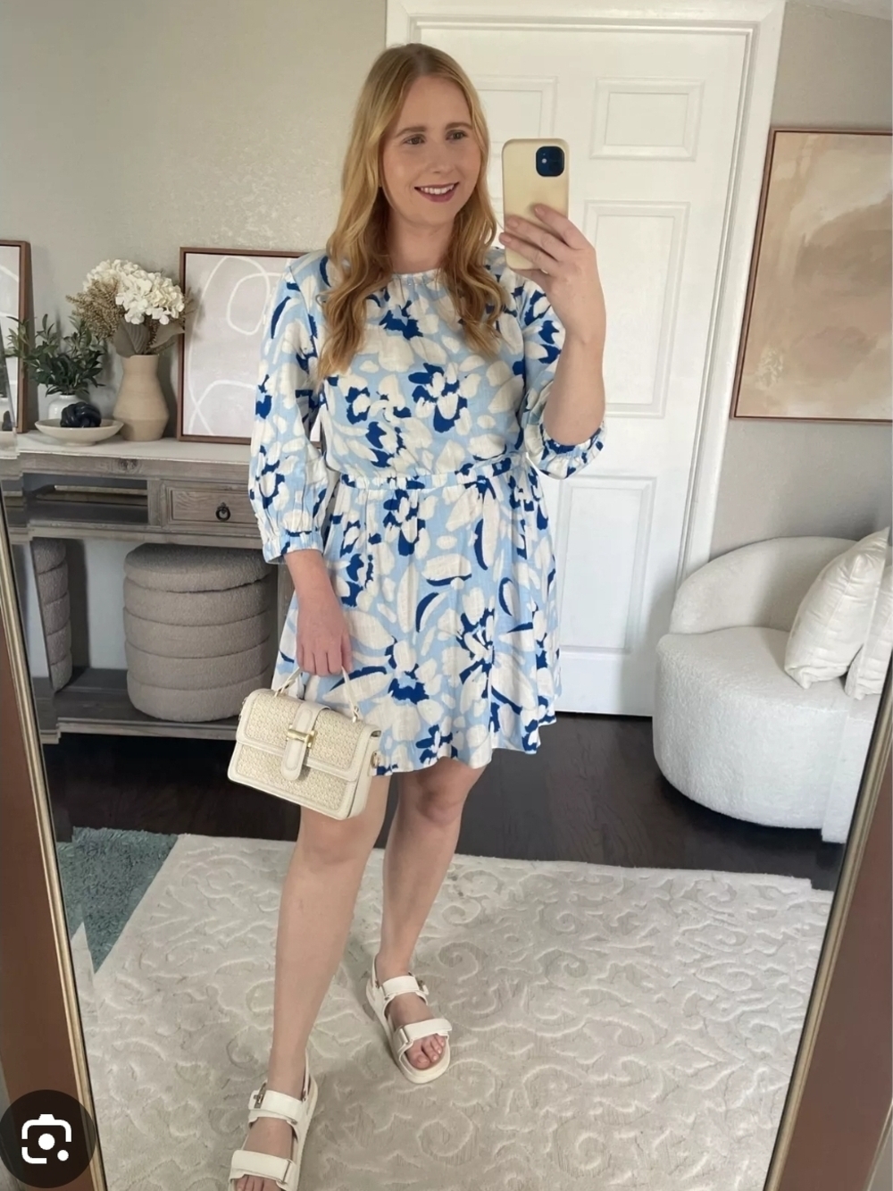 LOFT Blue and White Floral Tie-Waist Midi Dress